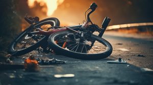 A bike lying on its side in the road with some debris.