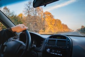 A driver sat in their car driving past autumnal trees with their hand on top of the steering wheel.