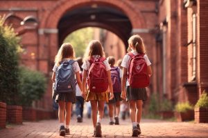 Children walking into a school that is well maintained 